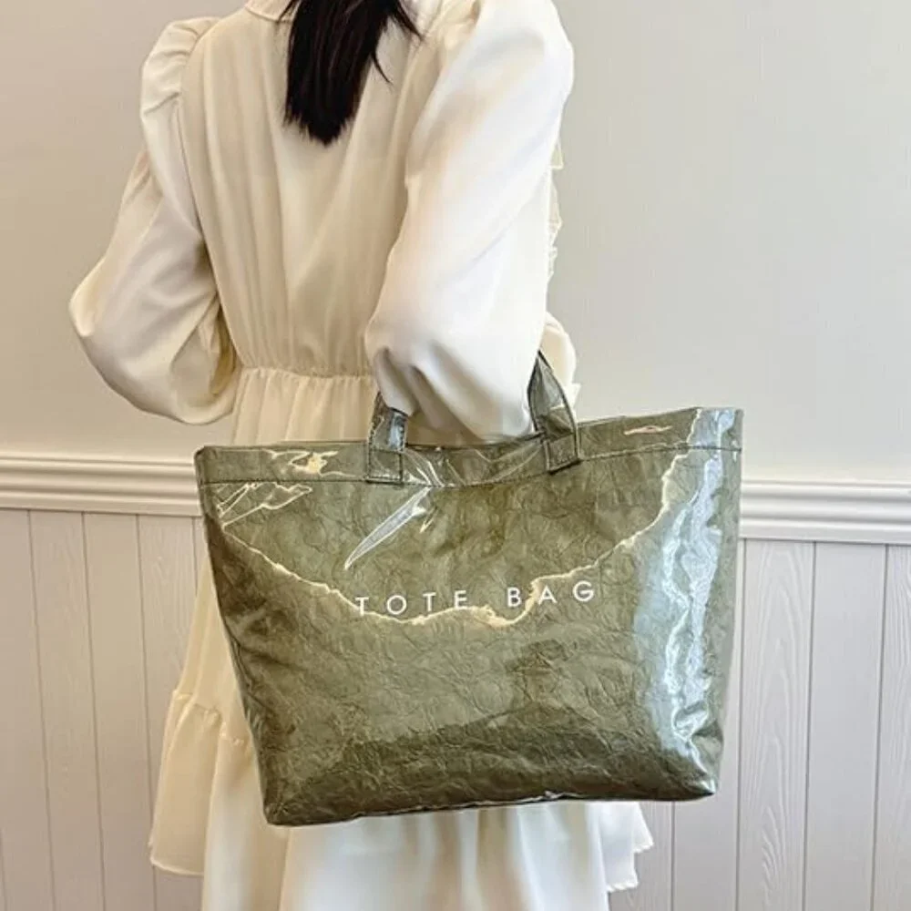 Paper Tote Bag PVC Surface Womens Vintage Clear Handbag Satchel